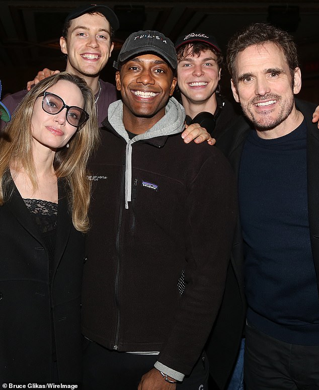 Jolie, Kevin William Paul, Brent Comer, Joshua Boone, Jason Schmidt, Matt Dillon, Brody Grant pose backstage at the musical based on the classic book The Outsiders in NYC in April