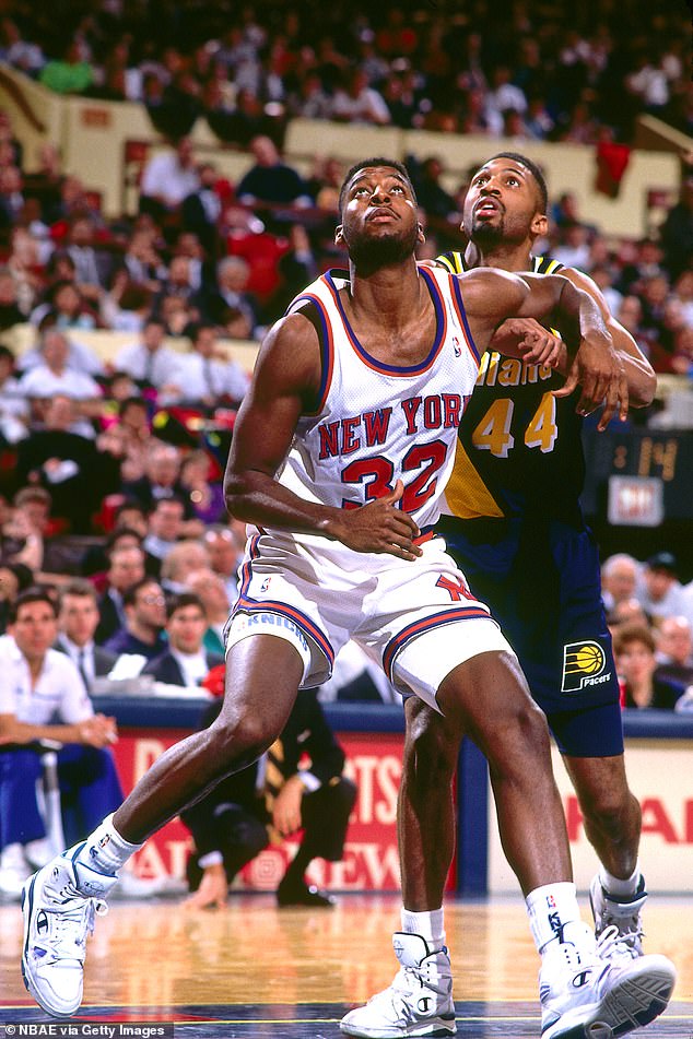 Jerrod Mustaf of the Knicks boxing against the Pacers at Madison Square Garden in 1993