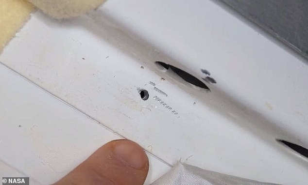 It is not the first time that the ISS has leaked. In 2018, astronauts rushed to repair a hole (pictured) that had appeared in the outer wall of the Soyuz capsule in the orbiting laboratory.