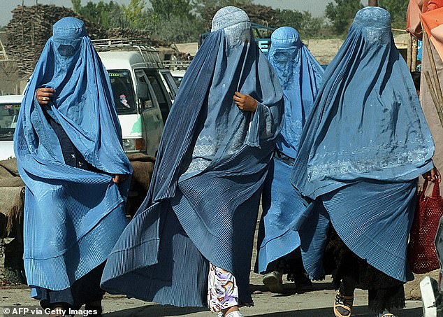 A group of Afghan women dressed in burqas walk to a market in Ghazni, August 4, 2007