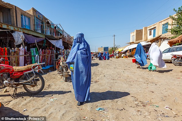 Afghan women wearing burqa at the market in Andkhoy, Faryab province, Northern Afghanistan