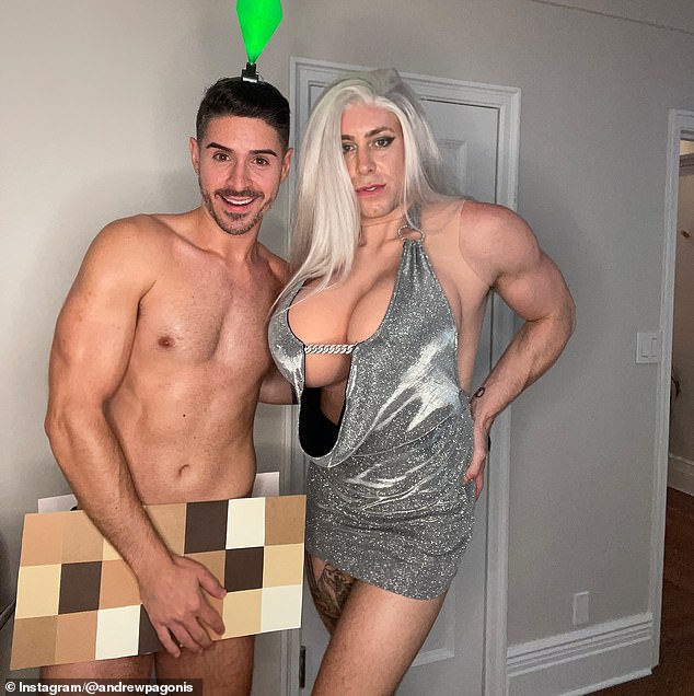 New York-based marketing executive Andrew Pagonis (left) went viral this weekend after sharing a scantily clad photo of himself in a costume at a Halloween party