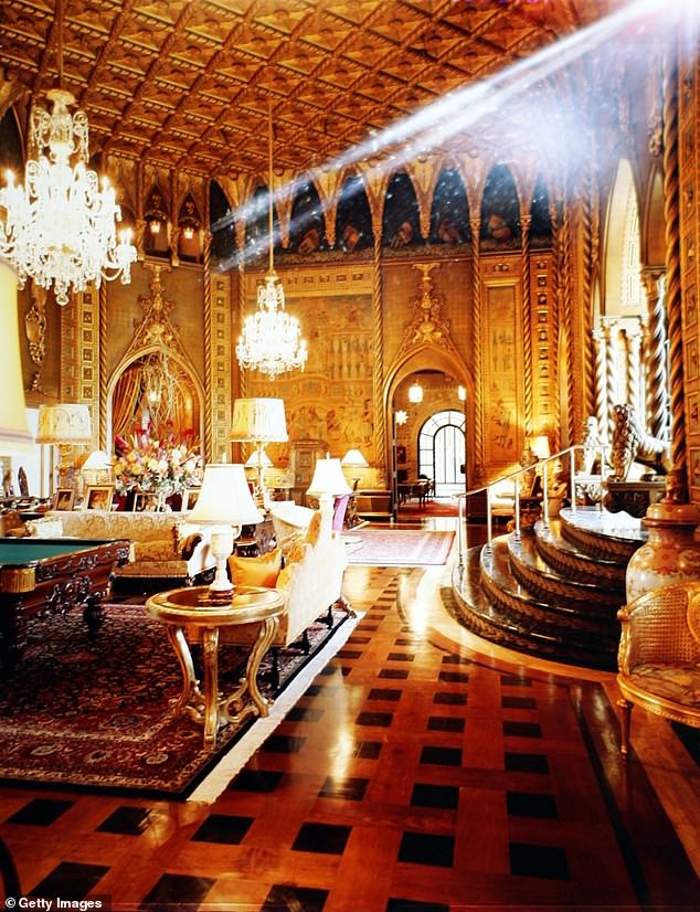 The gold ceilings and wall details of Post's original design could still be seen in the living room of Mar-a-Lago in 2000