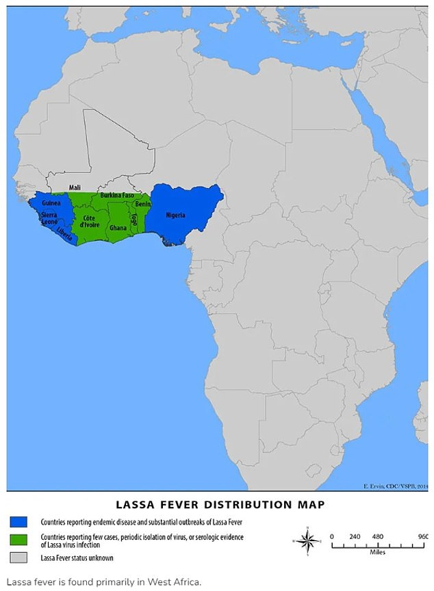 The above map from the CDC shows the areas in West Africa where Lassa fever is endemic and has been detected