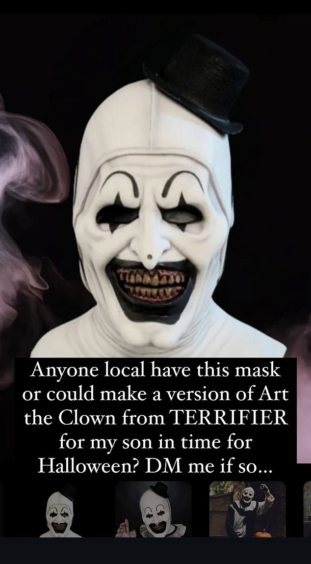 The doting mom took to social media to look for help with a Halloween costume for one of her sons, hoping to find an Art the Clown mask from the Terrifier franchise