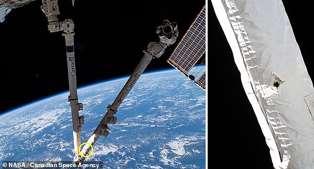 The Canadarm2 robotic arm was struck by space debris in May 2021, creating a hole that fortunately did not affect the functionality of the robotic arm