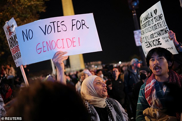 Demonstrators stood outside the event to protest the situation in Gaza