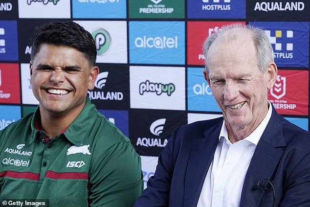 Returning coach Wayne Bennett (pictured with Mitchell) says it's great to hear the Bunnies star is in good form