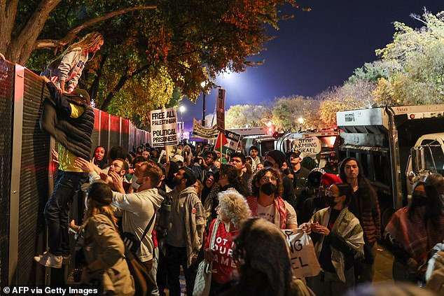 Pictured: A crowd of pro-Palestinian protesters crowd around a fence near the National Mall