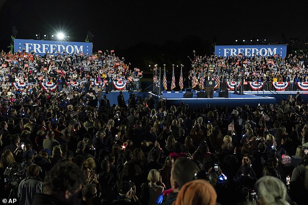 Security was tight at the outdoor event, with metal fencing surrounding the entire area south of the White House. Harris supporters waved American flags in the crowd