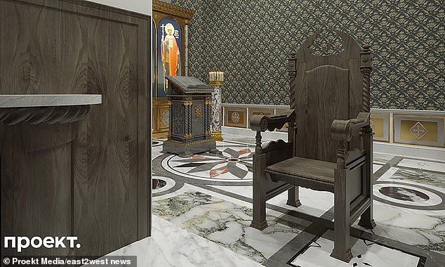 The palace contains a wooden throne for Putin, along with sacred religious icons and images