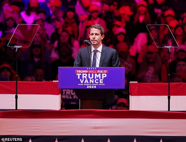 Comedian Tony Hinchcliffe speaks during a rally for Republican presidential candidate and former US President Donald Trump at Madison Square Garden, in New York, USA, October 27, 2024