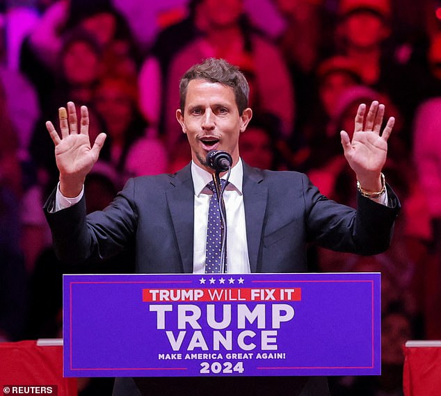 Comedian Tony Hinchcliffe speaks during a rally for Republican presidential candidate and former US President Donald Trump at Madison Square Garden, in New York, USA, October 27, 2024