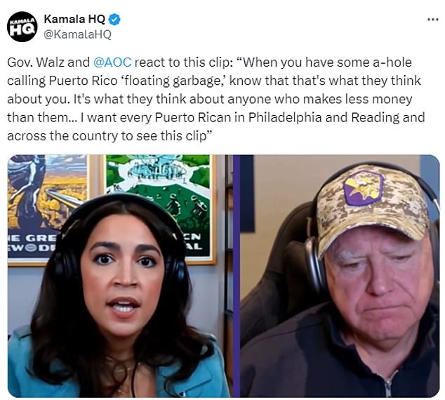 Walz and Ocasio-Cortez, whose family is Puerto Rican, also criticized the comic for his comments as they analyzed the set during a Twitch stream on Sunday.