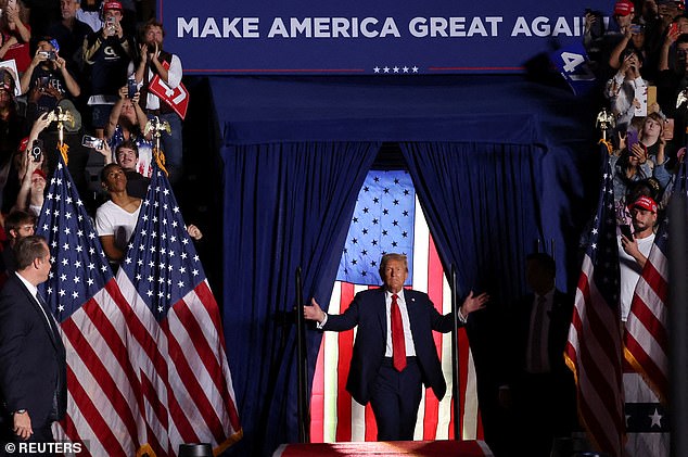 Republican presidential candidate, former US President Donald Trump attends a campaign rally at McCamish Pavilion, in Atlanta, Georgia, USA, October 28, 2024