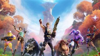 Jonesy, Lara Croft and other characters stand side by side in a lush autumn forest. In the background rises a tower, the tip of which radiates glowing blue light.