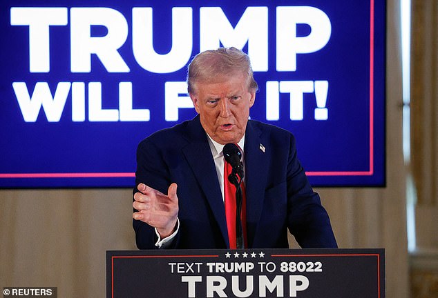 Republican presidential candidate and former US President Donald Trump makes 'Trump Will Fix It' remarks during a press conference at Mar-a-Lago, in Palm Beach, Florida, US, October 29, 2024