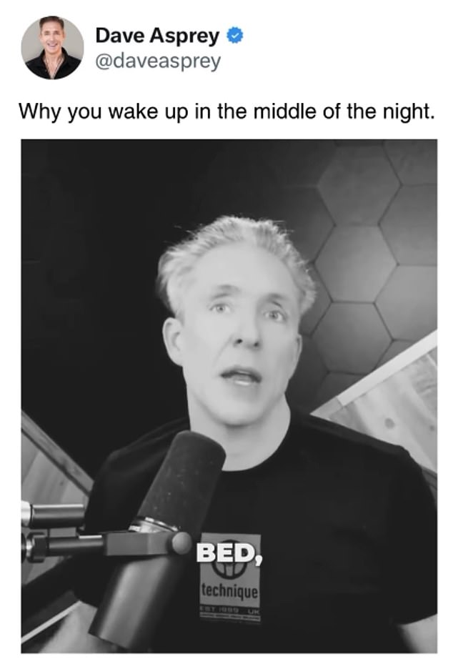 In an Instagram video shared with his 1.1 million followers, Mr Asprey said: 'Most people waking up between 3am and 5am and not being able to go back to sleep is a crash in your blood sugar.