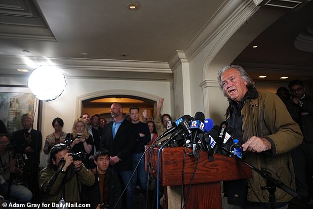 After hosting his livestream show War Room, he held a press conference in a crowded Manhattan hotel suite