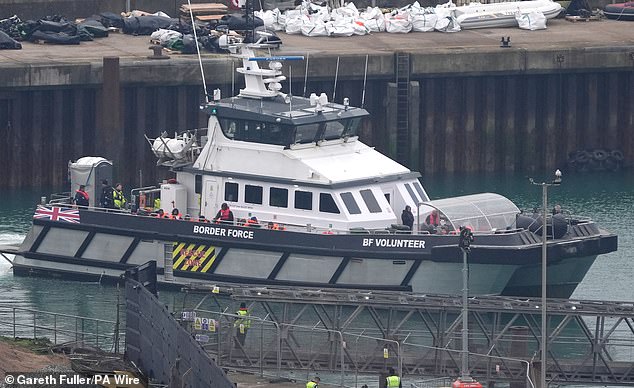 A group of people believed to be migrants are today taken to Dover, Kent, on board a Border Force vessel following a minor boating incident in the Channel