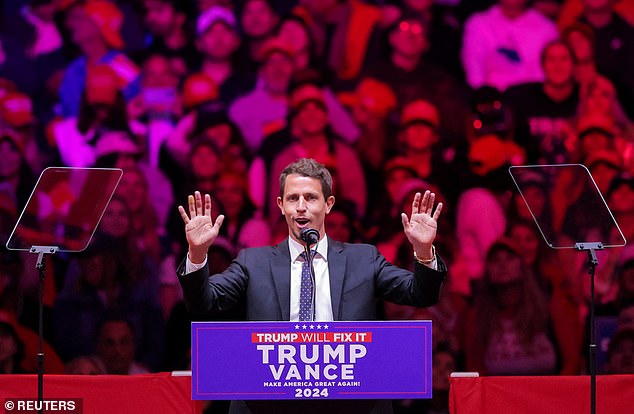 Tony Hinchcliffe, pictured at Trump's explosive rally, made fun of Puerto Rico, calling it 'a floating island of trash'