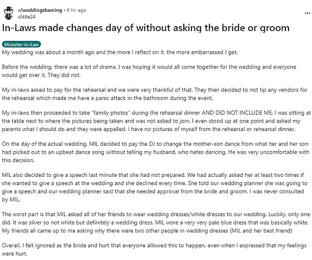 The unnamed newlywed took to Reddit to reveal that she had been left 'hurt' and frustrated by her husband's mother