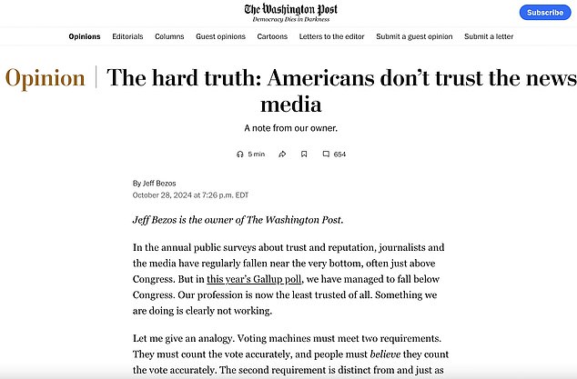 Bezos published an extensive op-ed on Monday evening explaining his newspaper's decision not to support Kamala Harris before the election.