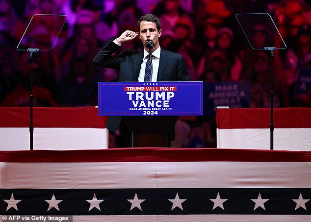 Comedian Tony Hinchcliffe speaks during a campaign rally for former US president and Republican presidential candidate Donald Trump at Madison Square Garden in New York on October 27, 2024