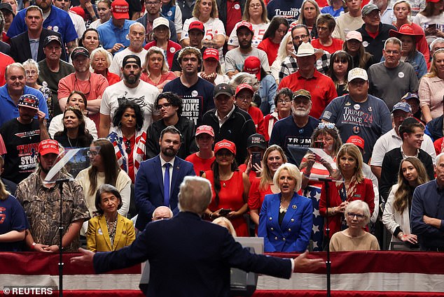 Supporters listen to Republican presidential candidate and former U.S. President Donald Trump's speech during a campaign rally in Rocky Mount