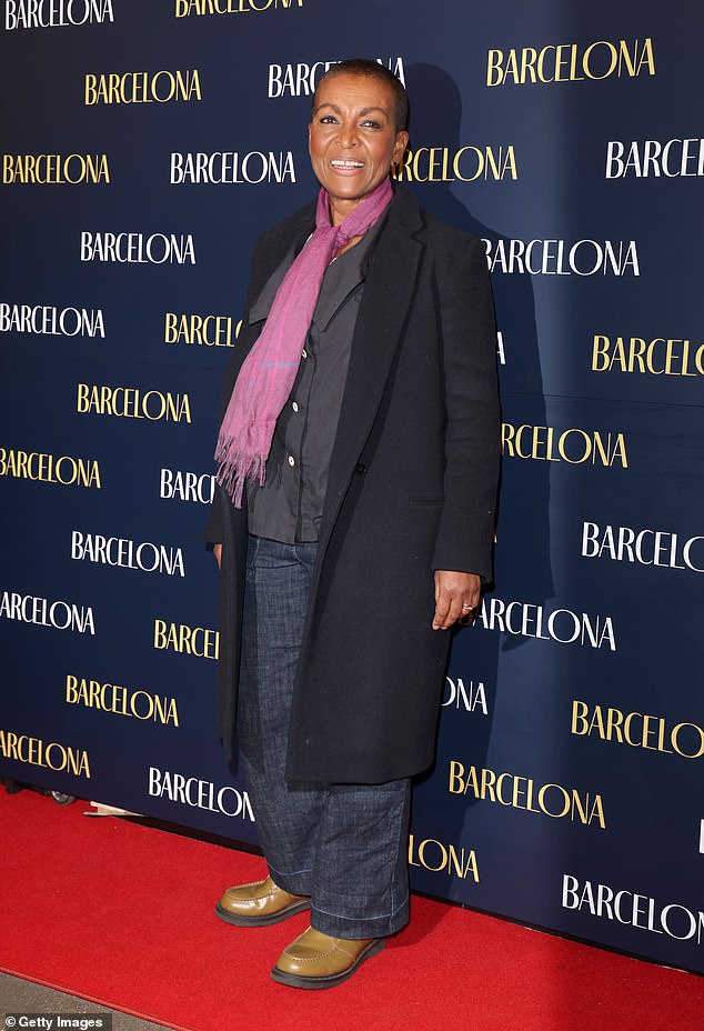 Bridgerton actress Adjoa looked casual in oversized navy blue trousers and a pretty pink scarf