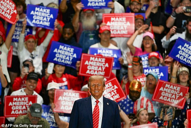 Former U.S. President and 2024 Republican presidential candidate Donald Trump arrives to speak at a campaign rally at the Rocky Mount Event Center in Rocky Mount, North Carolina, on October 30, 2024.