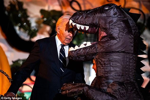 President Biden looks down the throat of a T-rex