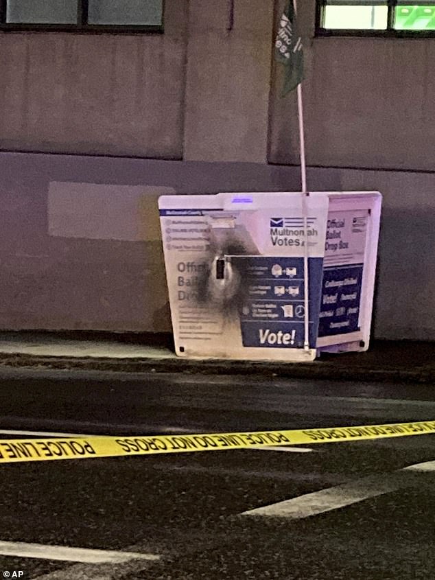 An image released by the Portland Police Bureau shows the ballot box after an 'incendiary device' was discovered in the ballot box and caused a fire