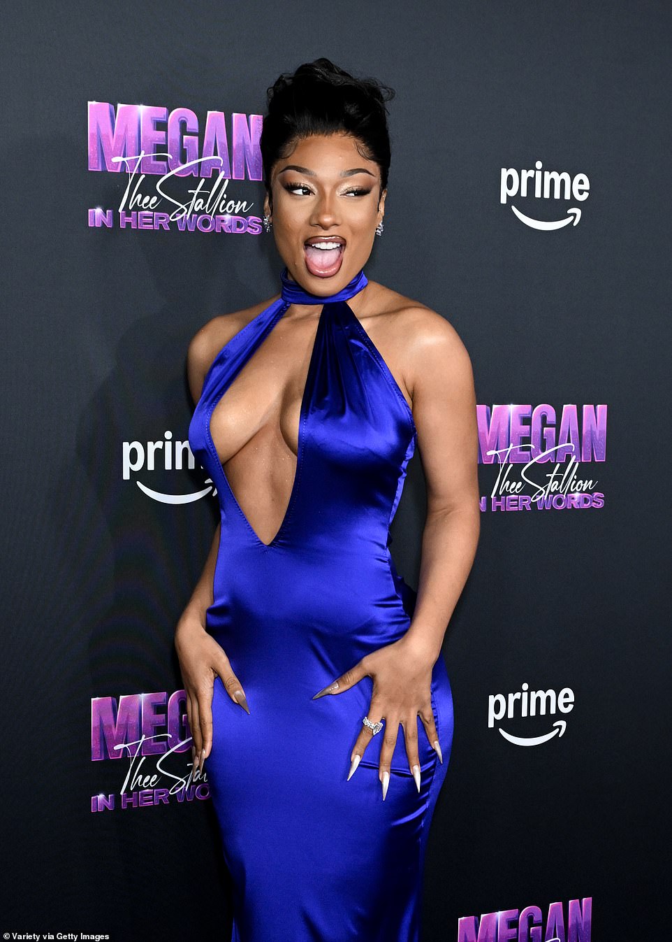 Fresh from filing a lawsuit against a blogger for cyberstalking, the 29-year-old Savage hitmaker arrived at Hollywood's iconic TCL Chinese Theater looking stunning in a plunging purple-blue dress