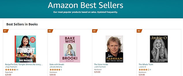 But by Thursday afternoon, the mother-of-one's spicy life story had fallen to number four on the online retailer's book list. And in a surprise twist, Jackie's story was beaten by John Farnham's memoir The Voice Inside, which came in at number three. (Pictured)