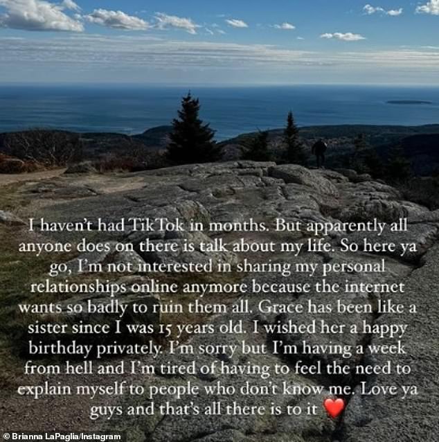 LaPaglia said via Instastory on Wednesday: 'Grace has been like a sister since I was 15 years old. I privately wished her a happy birthday. I'm sorry, but I'm having a terrible week and I'm tired of feeling the need to explain myself to people who don't know me