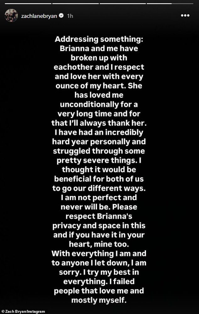 Zach wrote via Instastory: 'I've personally had an incredibly difficult year and have been struggling through some pretty serious things. I thought it would be beneficial for both of us to go our separate ways.”