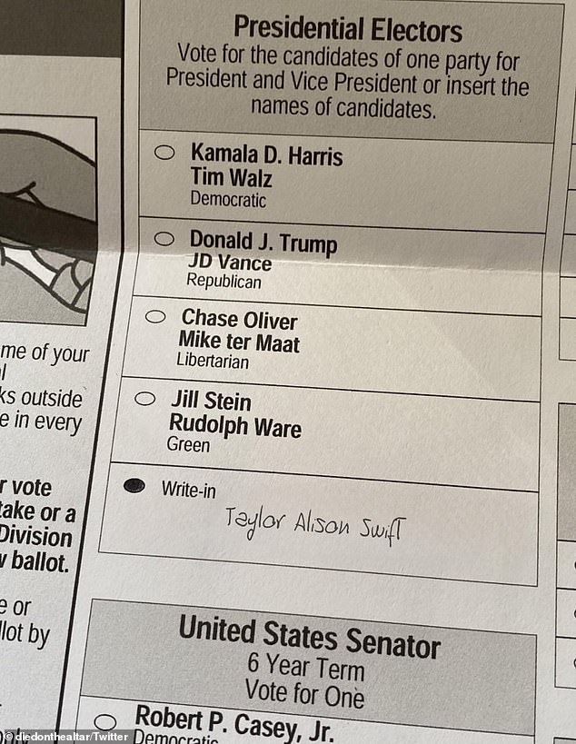 A number of Swifties have taken to social media to post their ballots for the Blank Space hitmaker, writing to the 34-year-old over official candidates