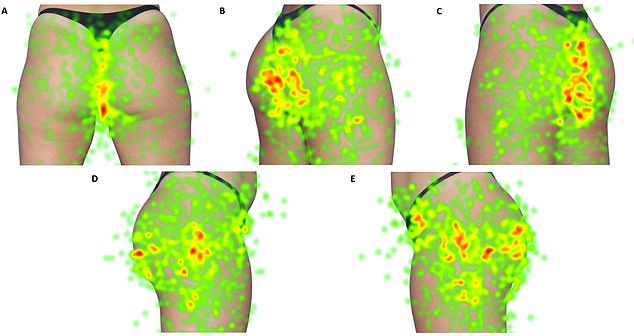 The intergluteal cleft was the area that attracted attention the quickest and held it the longest, while the thigh cleft was the most avoided and looked the least. Pictured: A heat map of the results, red areas show where attention was held most often and for the longest time