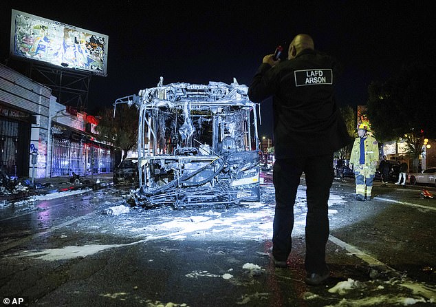 A bus was set on fire by rowdy Dodgers fans - no one was reportedly injured