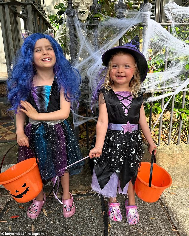 Their daughters Marlie-Mae and Lola looked adorable as they went trick or treating in witch costumes. Pictured