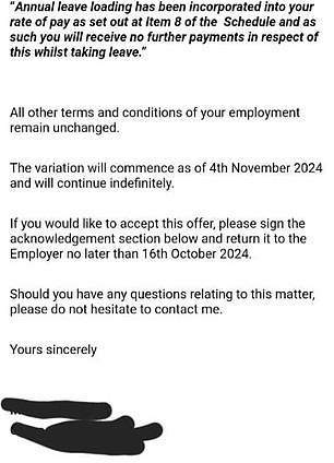 The email (photo) also stated that all other employment conditions of the employee remained unchanged