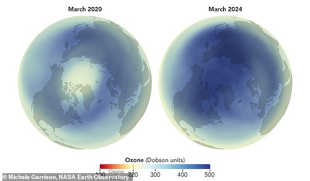 Researchers have found that the ozone layer over the Arctic reached a record thickness in March 2024 (right). This is in stark contrast to March 2020 (left) when a record-breaking ozone hole formed over the Arctic