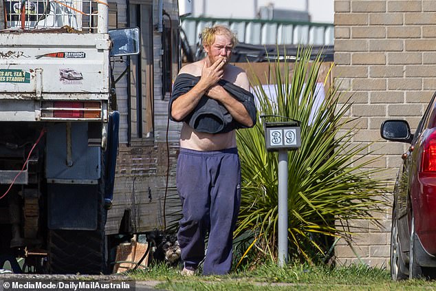 Jamie McCulloch is pictured outside the caravan he shares with Jacinta King, his sister-in-law and new girlfriend