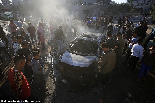 A view of the vehicle destroyed following the Israeli attacks on the Maghazi refugee camp in Deir al-Balah, Gaza on October 30, 2024