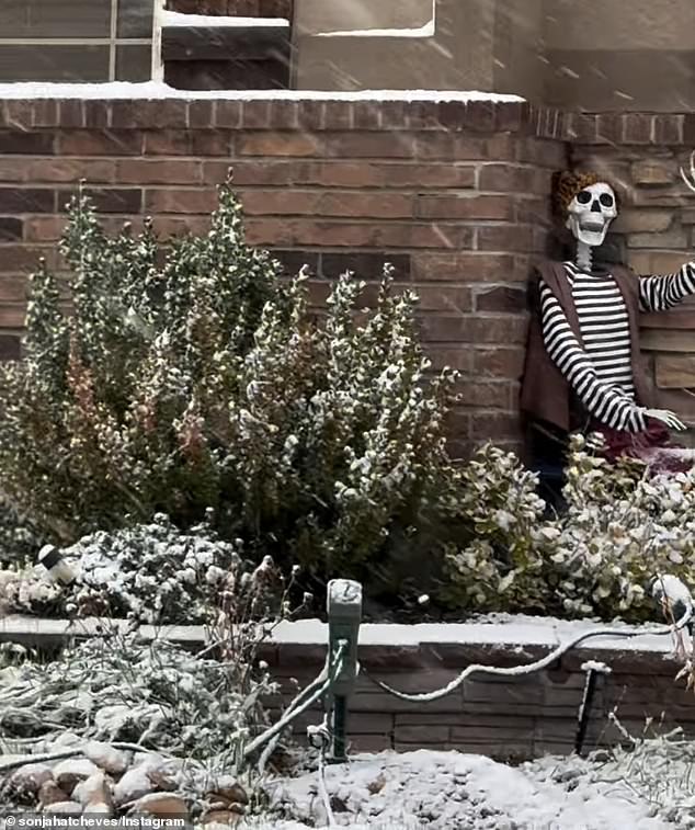 A Wyoming woman showed off her Halloween decorations covered in snow as she hoped it would clear before the actual holiday