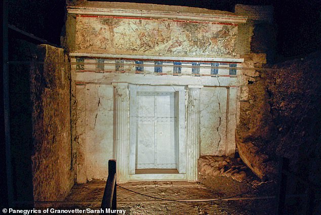 Pictured: The facade of Tomb II in Vergina, Greece, including the marble door. Professor Bartsiokas says that Tomb II contained Alexander the Great's half-brother, Philip III of Macedon