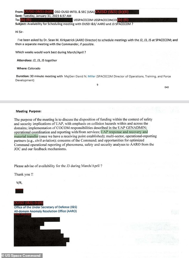 Dr.'s final revelation Kirkpatrick adds context to an intriguing 78-page edition of redacted plans between AARO and US Space Command (above), where the physicist had previously served as deputy director of intelligence from 2019 to 2021.