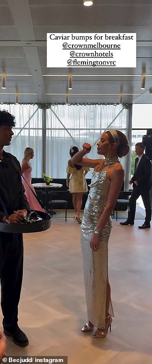 The 41-year-old AFL WAG turned heads on Thursday when she arrived at Flemington Racecourse in a glittering silver dress to celebrate the opening of the Marquees for the 2024 Melbourne Cup Carnival.