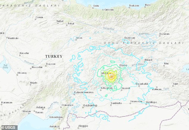 The United States Geological Survey (USGS) interactive map showing where the earthquake was felt in Turkey's Malatya province